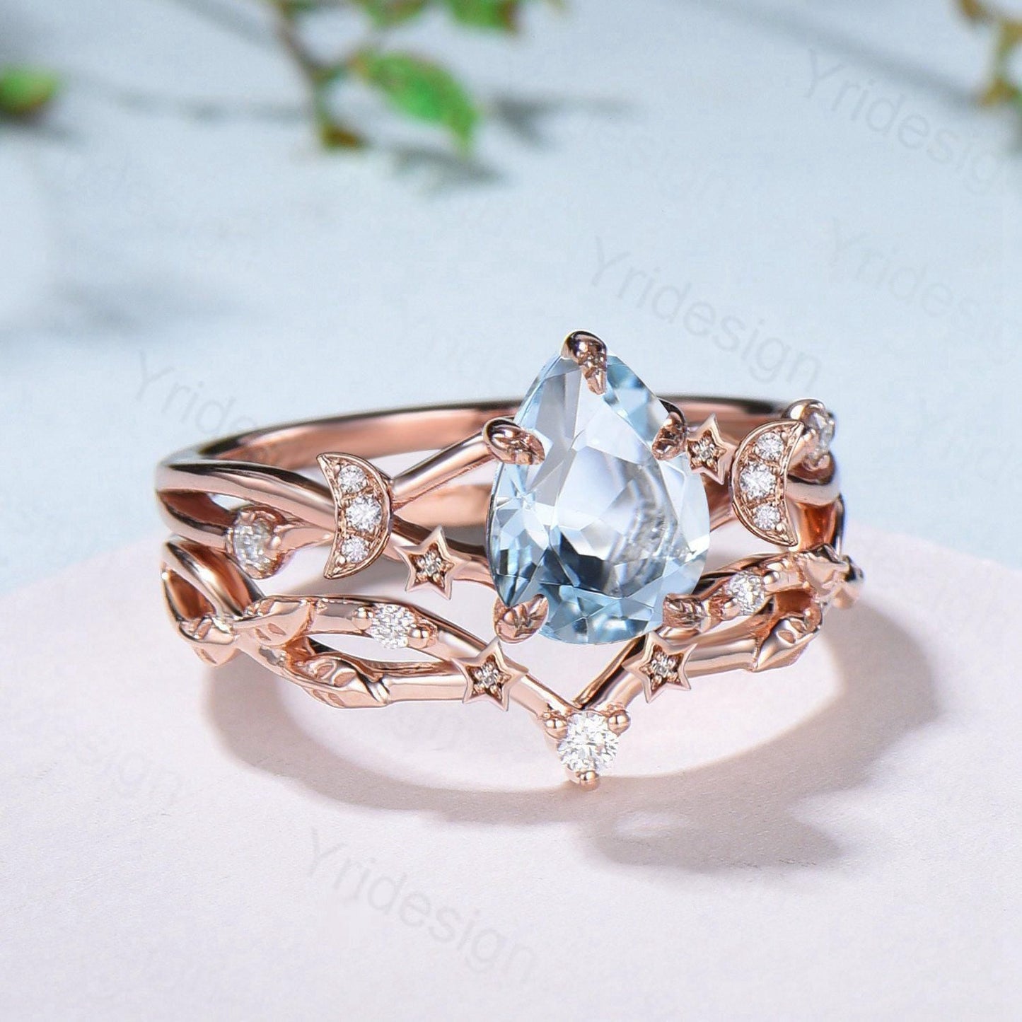 Unique Moon Star Natural Aquamarine Engagement Ring Set Nature Inspired March Birthstone Pear Shaped Wedding Ring Set Art Deco Bridal Set