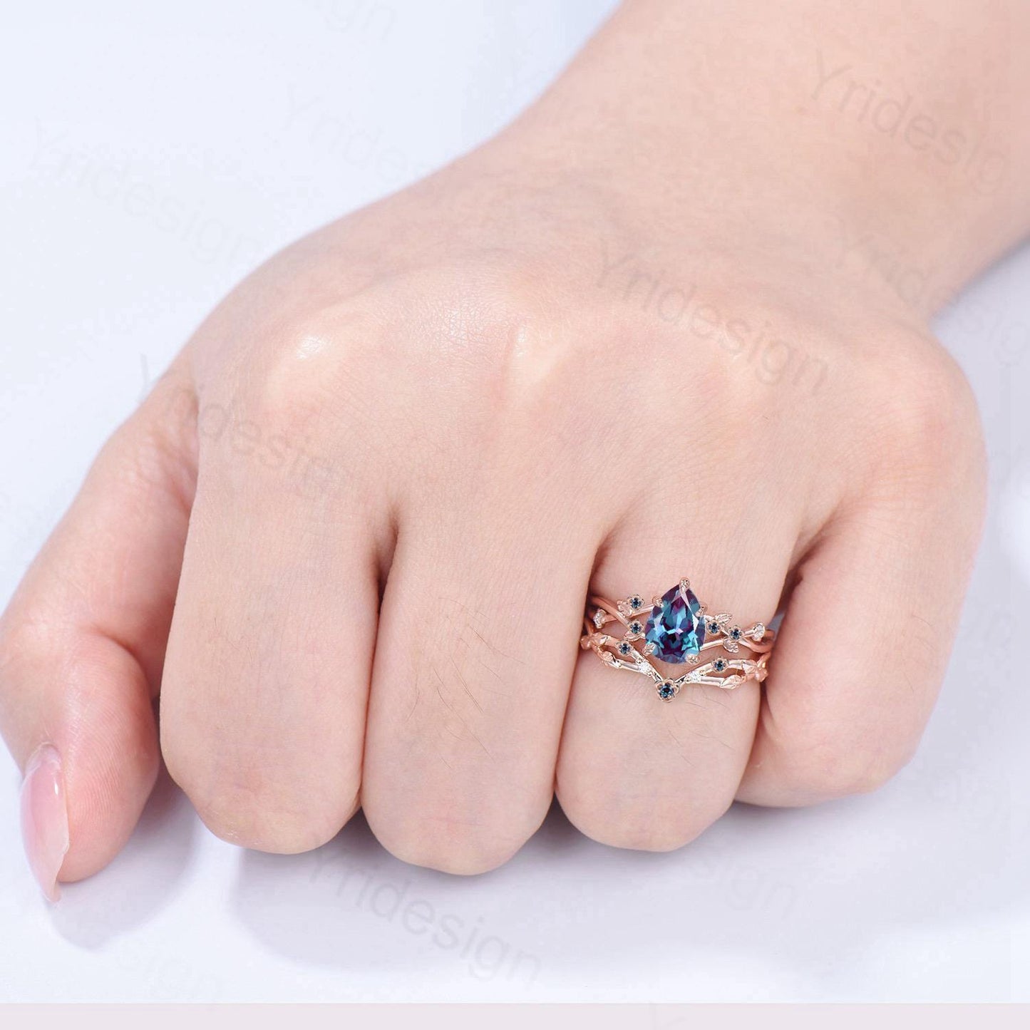 Floral alexandrite engagement ring set Nature inspired color change stone engagement ring set silver rose gold leafy vine bridal wedding set