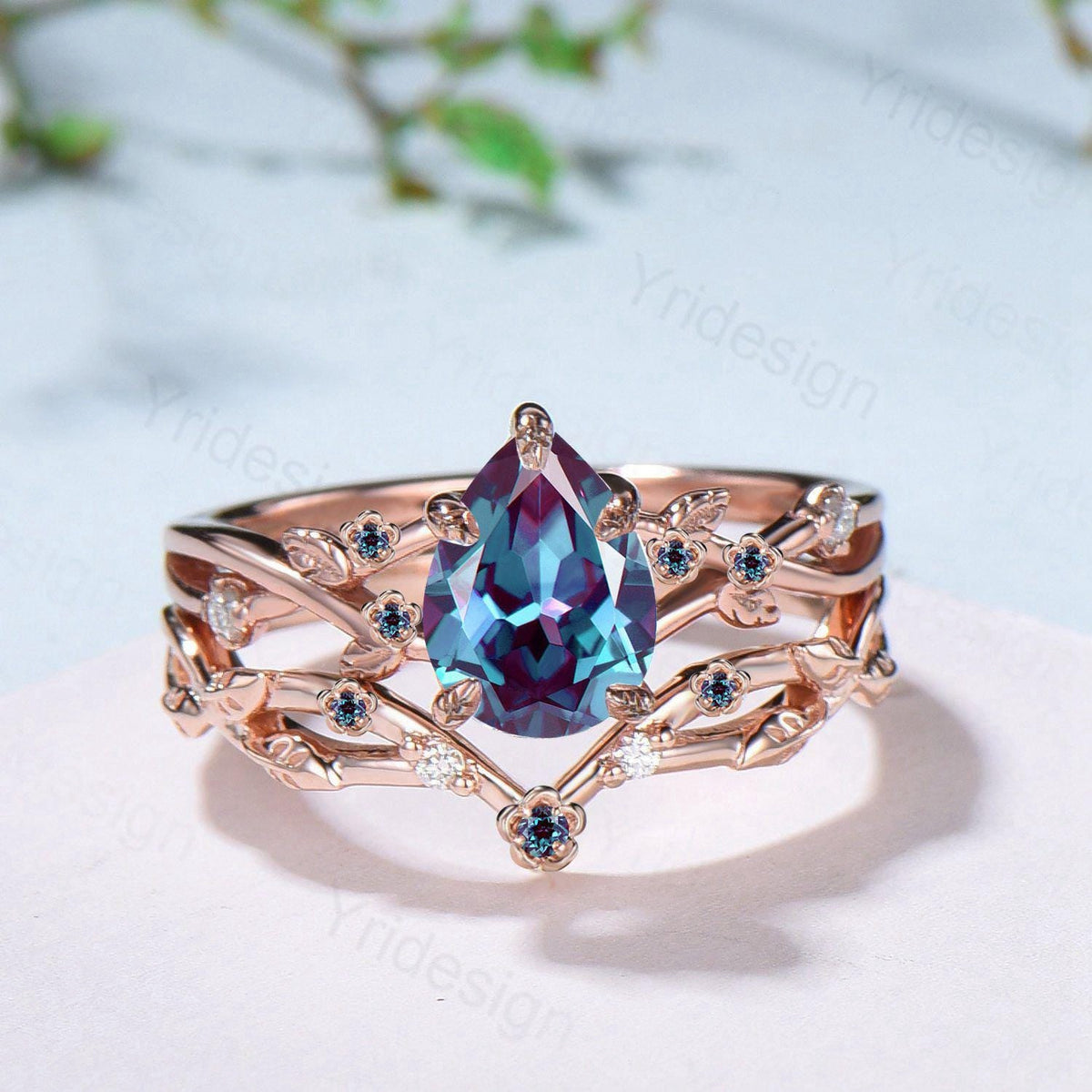 Floral alexandrite engagement ring set Nature inspired color change stone engagement ring set silver rose gold leafy vine bridal wedding set