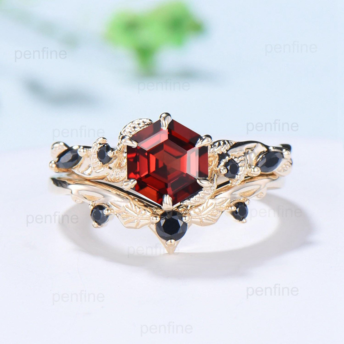 Vintage Hexagon cut garnet engagement ring set Nature Inspired black spinel wedding ring set 14k Yellow Gold Twig Vine bridal set for women