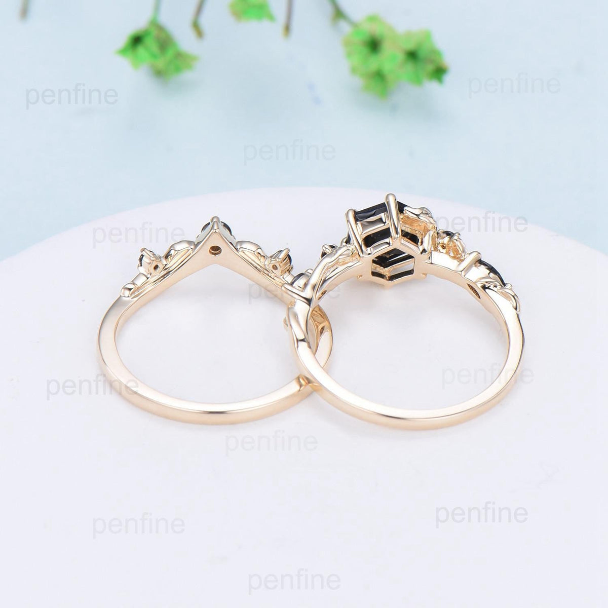 Vintage Hexagon cut garnet engagement ring set Nature Inspired black spinel wedding ring set 14k Yellow Gold Twig Vine bridal set for women