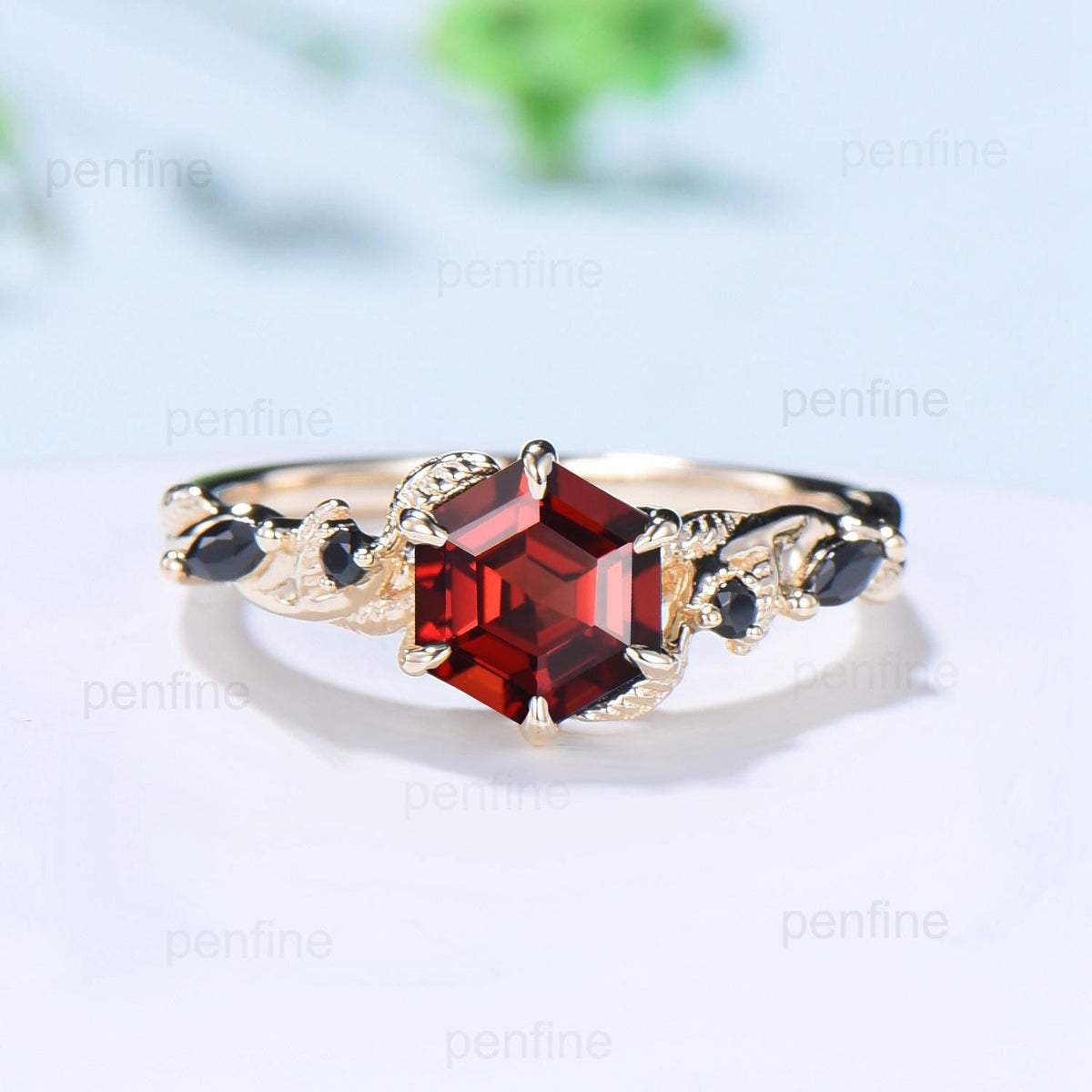 Vintage Hexagon cut garnet engagement ring set Nature Inspired black spinel wedding ring set 14k Yellow Gold Twig Vine bridal set for women