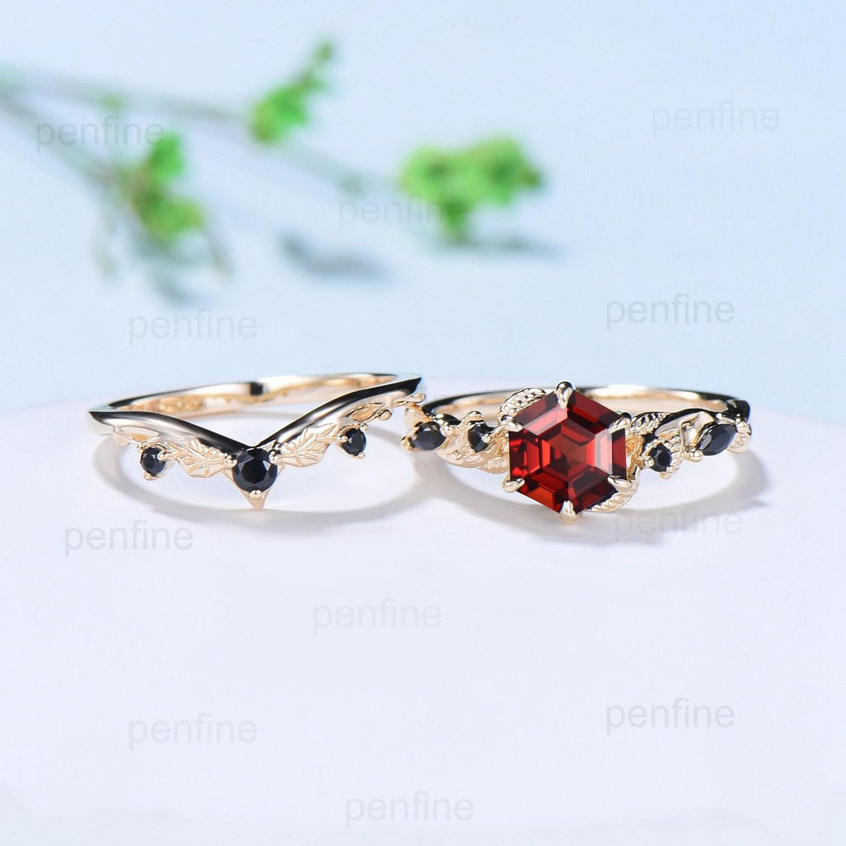 Vintage Hexagon cut garnet engagement ring set Nature Inspired black spinel wedding ring set 14k Yellow Gold Twig Vine bridal set for women