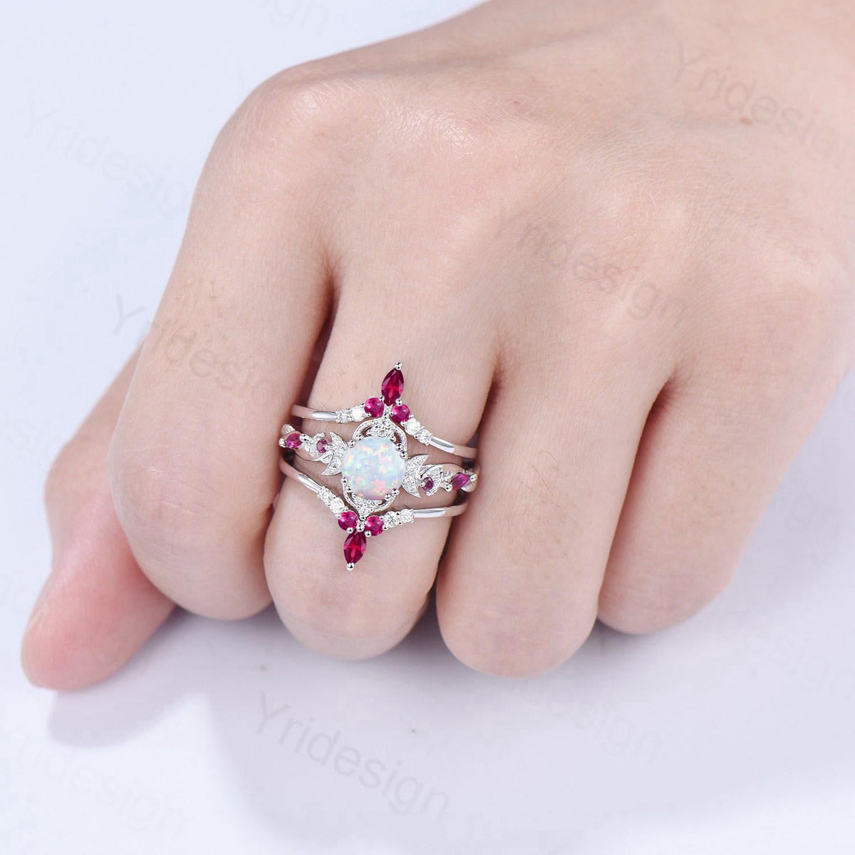 Vintage White Opal Engagement Ring Set Leaf Vine Nature Inspired Fire Opal Ruby Wedding Ring Five Stone Moissanite Bridal Ring Set for Women