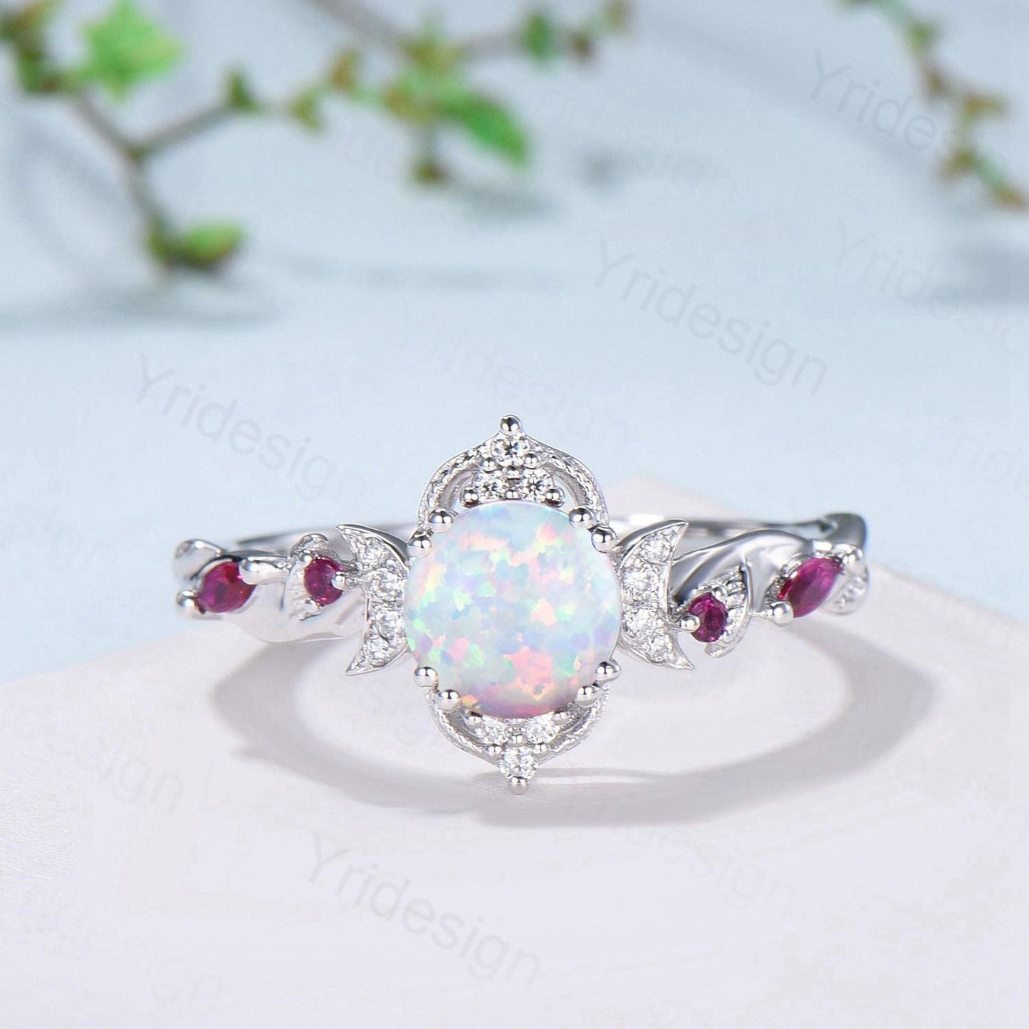 Vintage White Opal Engagement Ring Set Leaf Vine Nature Inspired Fire Opal Ruby Wedding Ring Five Stone Moissanite Bridal Ring Set for Women
