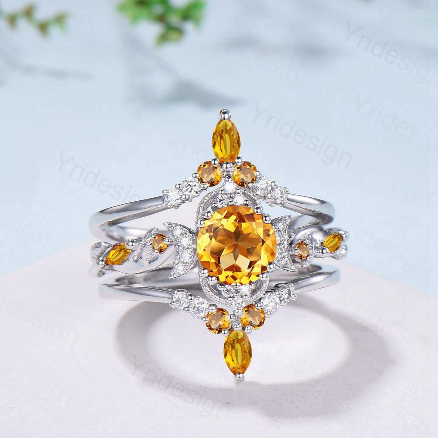 Vintage Round Cut Citrine Engagement Ring Set Nature Inspired November Birthstone Wedding Ring Set Art Deco Moissanite Bridal Set for Women