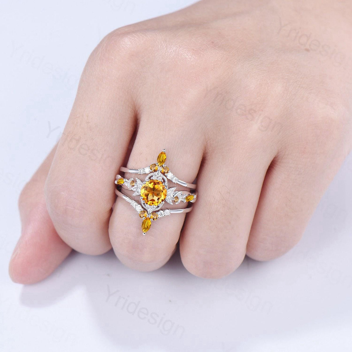Vintage Round Cut Citrine Engagement Ring Set Nature Inspired November Birthstone Wedding Ring Set Art Deco Moissanite Bridal Set for Women