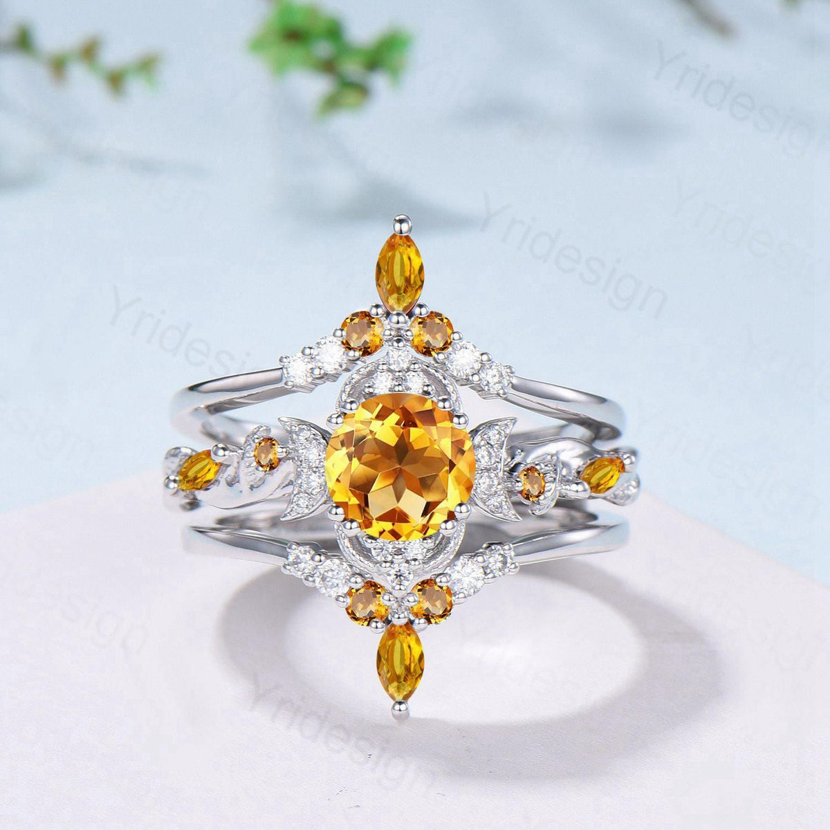 Vintage Round Cut Citrine Engagement Ring Set Nature Inspired November Birthstone Wedding Ring Set Art Deco Moissanite Bridal Set for Women