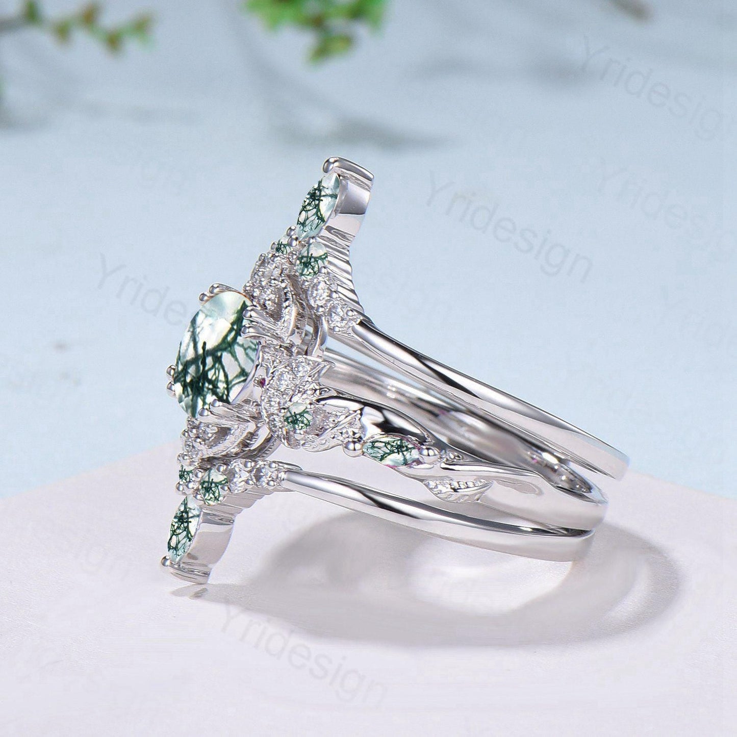 Vintage Natural Moss Agate Engagement Ring Set Nature Inspired Leaf Vine Round Cut Green Agate Wedding Ring Art Deco 3Pcs Bridal Ring Set