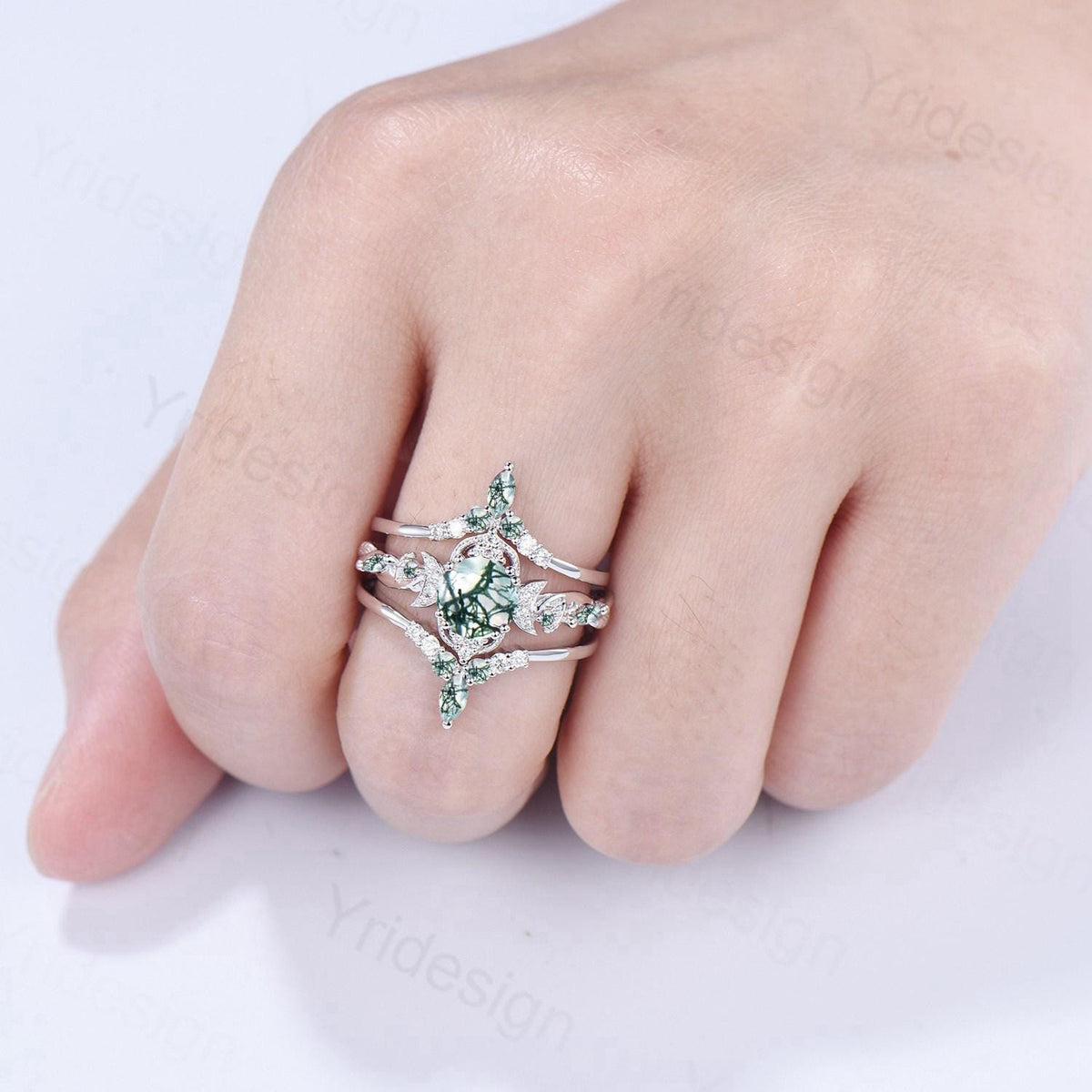 Vintage Natural Moss Agate Engagement Ring Set Nature Inspired Leaf Vine Round Cut Green Agate Wedding Ring Art Deco 3Pcs Bridal Ring Set