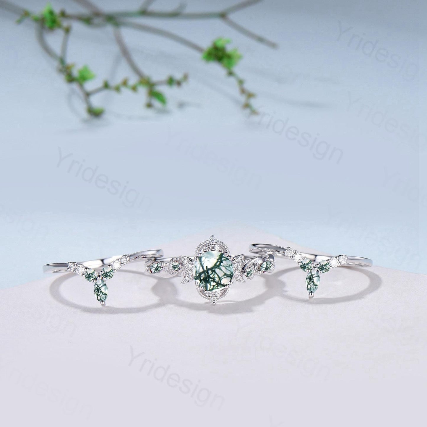 Vintage Natural Moss Agate Engagement Ring Set Nature Inspired Leaf Vine Round Cut Green Agate Wedding Ring Art Deco 3Pcs Bridal Ring Set