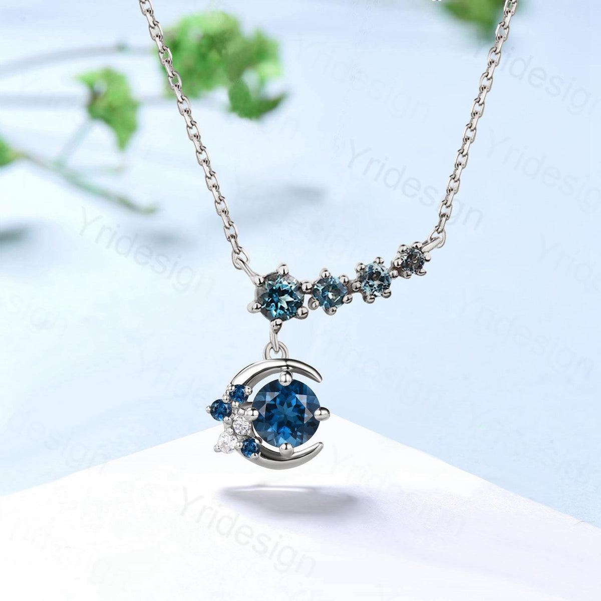 Elegant moon star London blue topaz pendant necklace 9k/14k/18k rose gold art deco silver rose gold topaz necklace Anniversary promise gift