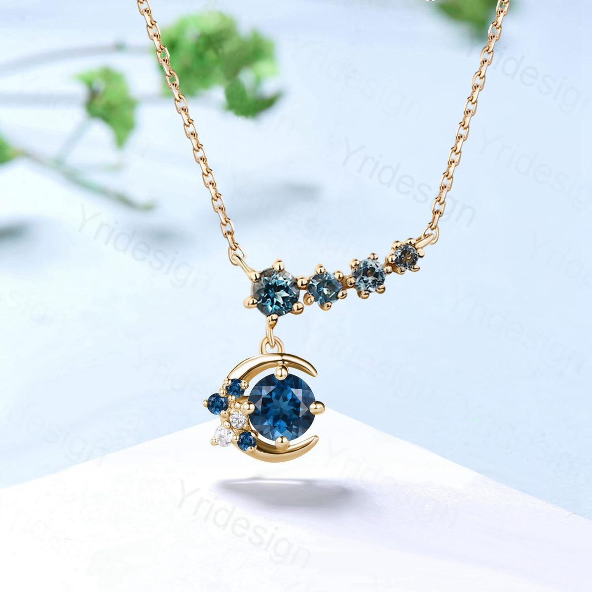 Elegant moon star London blue topaz pendant necklace 9k/14k/18k rose gold art deco silver rose gold topaz necklace Anniversary promise gift
