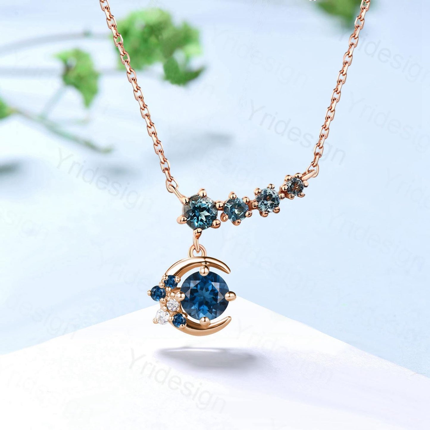 Elegant moon star London blue topaz pendant necklace 9k/14k/18k rose gold art deco silver rose gold topaz necklace Anniversary promise gift