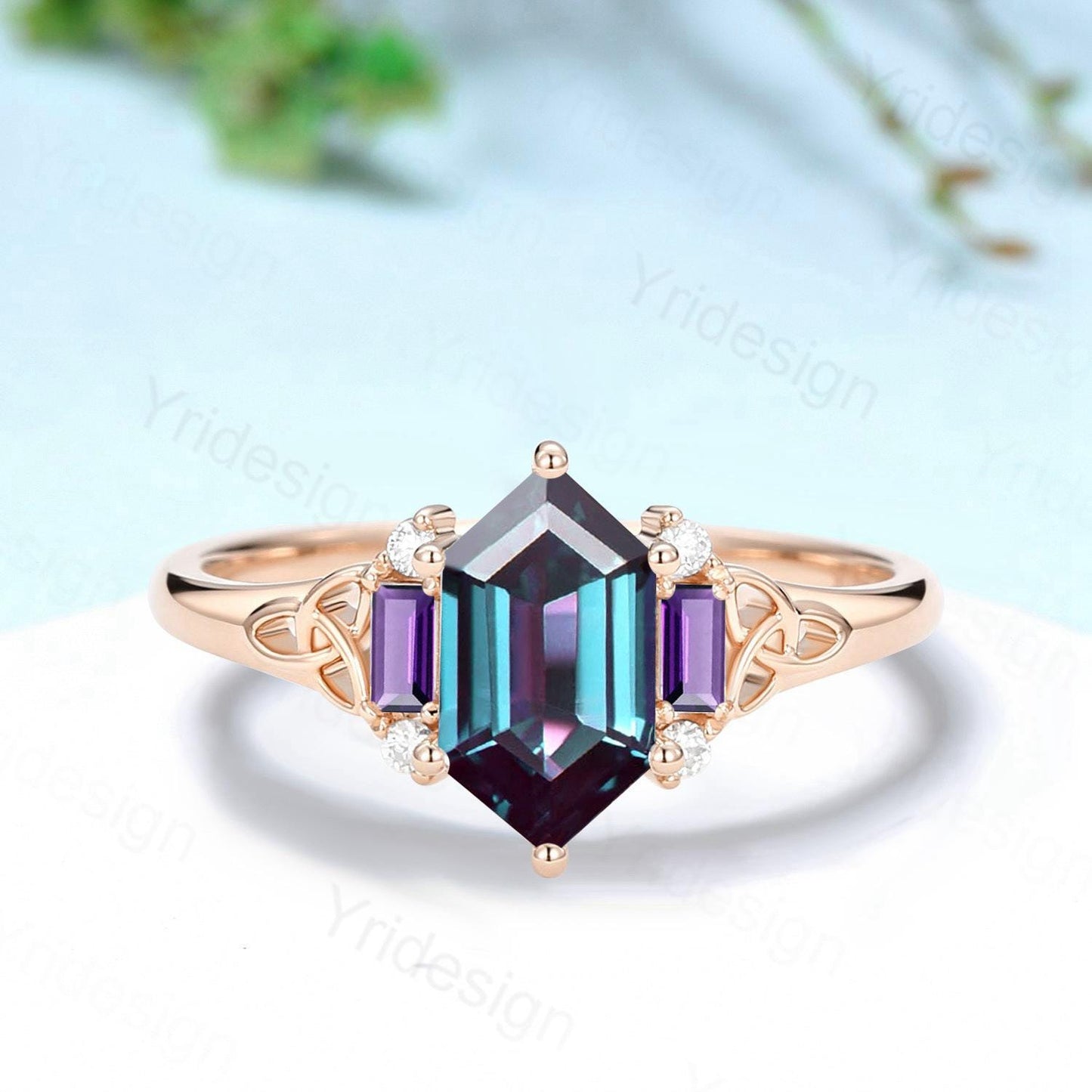 Unique Celtic Knot Long Hexagon Cut Alexandrite Engagement Ring Unique Norse Viking Cluster Baguette Amethyst Wedding Ring Anniversary gifts