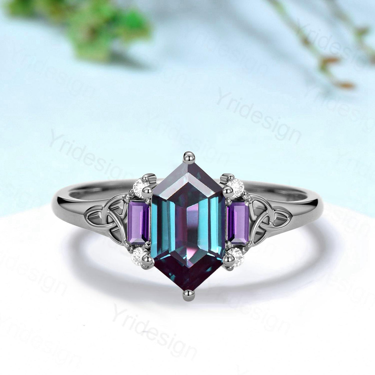 Unique Celtic Knot Long Hexagon Cut Alexandrite Engagement Ring Unique Norse Viking Cluster Baguette Amethyst Wedding Ring Anniversary gifts