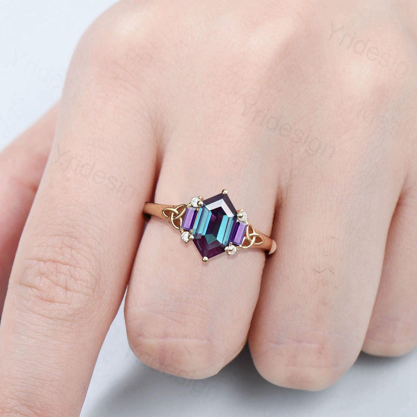 Unique Celtic Knot Long Hexagon Cut Alexandrite Engagement Ring Unique Norse Viking Cluster Baguette Amethyst Wedding Ring Anniversary gifts