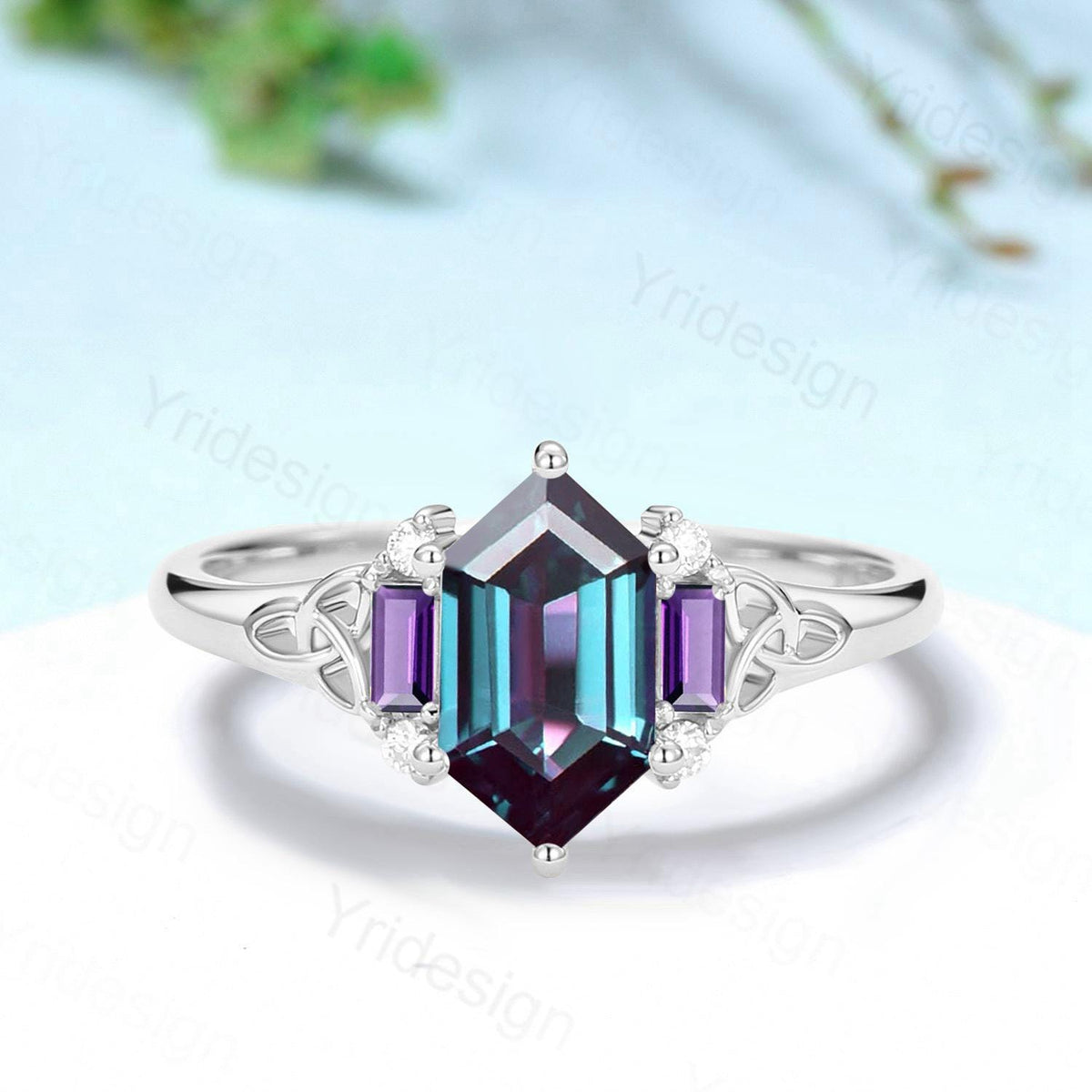Unique Celtic Knot Long Hexagon Cut Alexandrite Engagement Ring Unique Norse Viking Cluster Baguette Amethyst Wedding Ring Anniversary gifts
