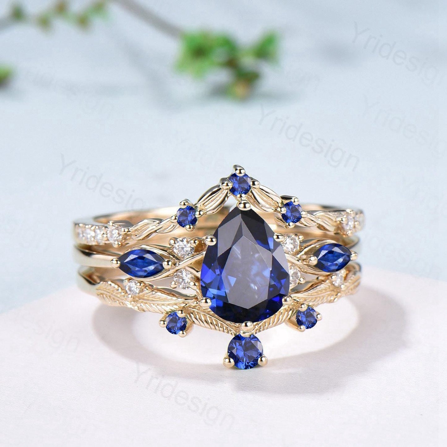 Vintage Sapphire engagement ring set yellow gold engagement ring Unique Bridal set leaf vine wedding Curved Anniversary Promise ring gift