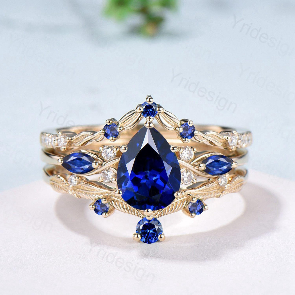 Vintage Sapphire engagement ring set yellow gold engagement ring Unique Bridal set leaf vine wedding Curved Anniversary Promise ring gift