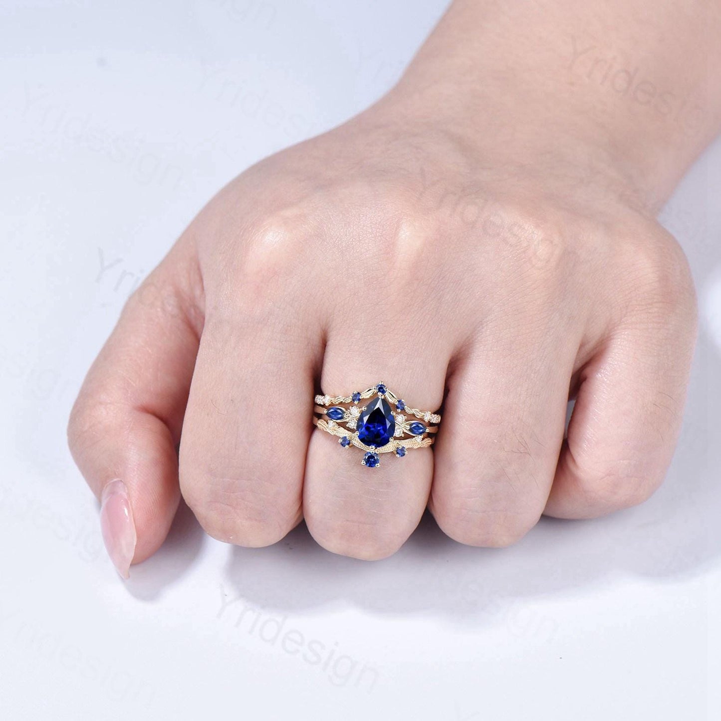 Vintage Sapphire engagement ring set yellow gold engagement ring Unique Bridal set leaf vine wedding Curved Anniversary Promise ring gift
