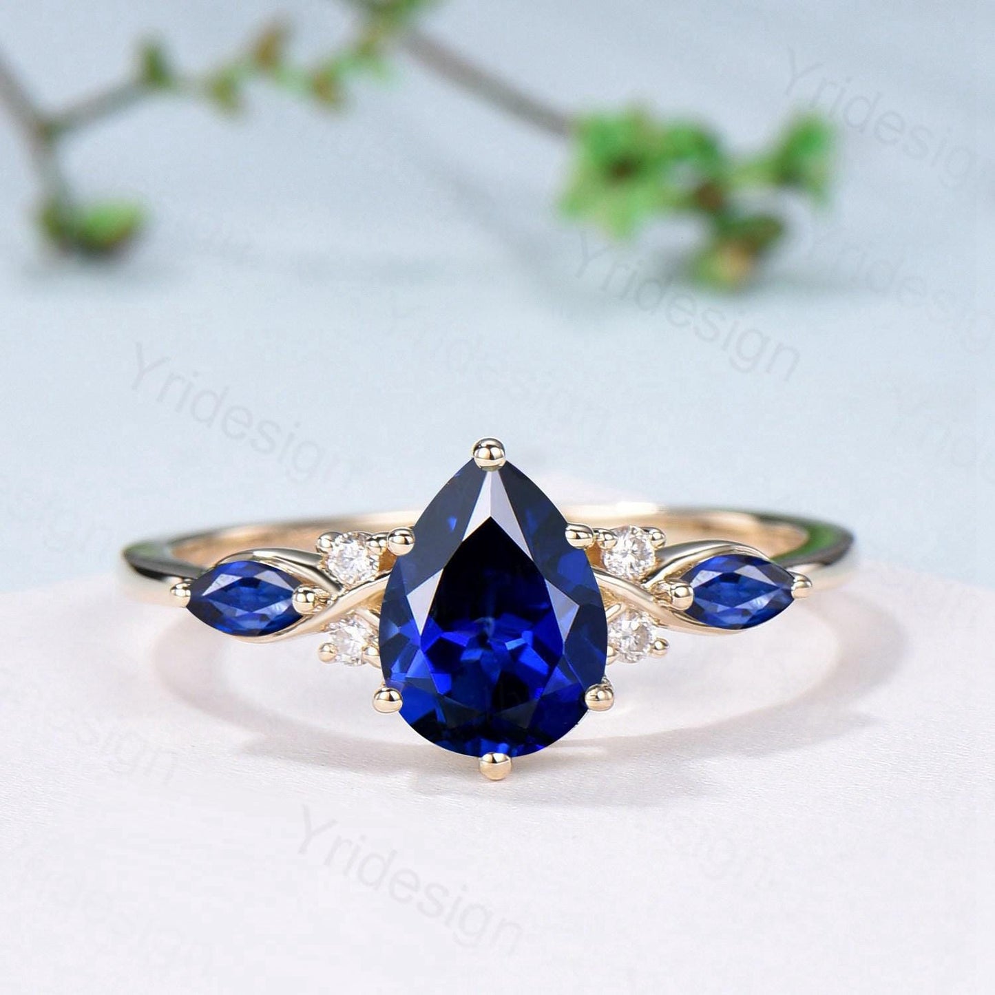 Vintage Sapphire engagement ring set yellow gold engagement ring Unique Bridal set leaf vine wedding Curved Anniversary Promise ring gift