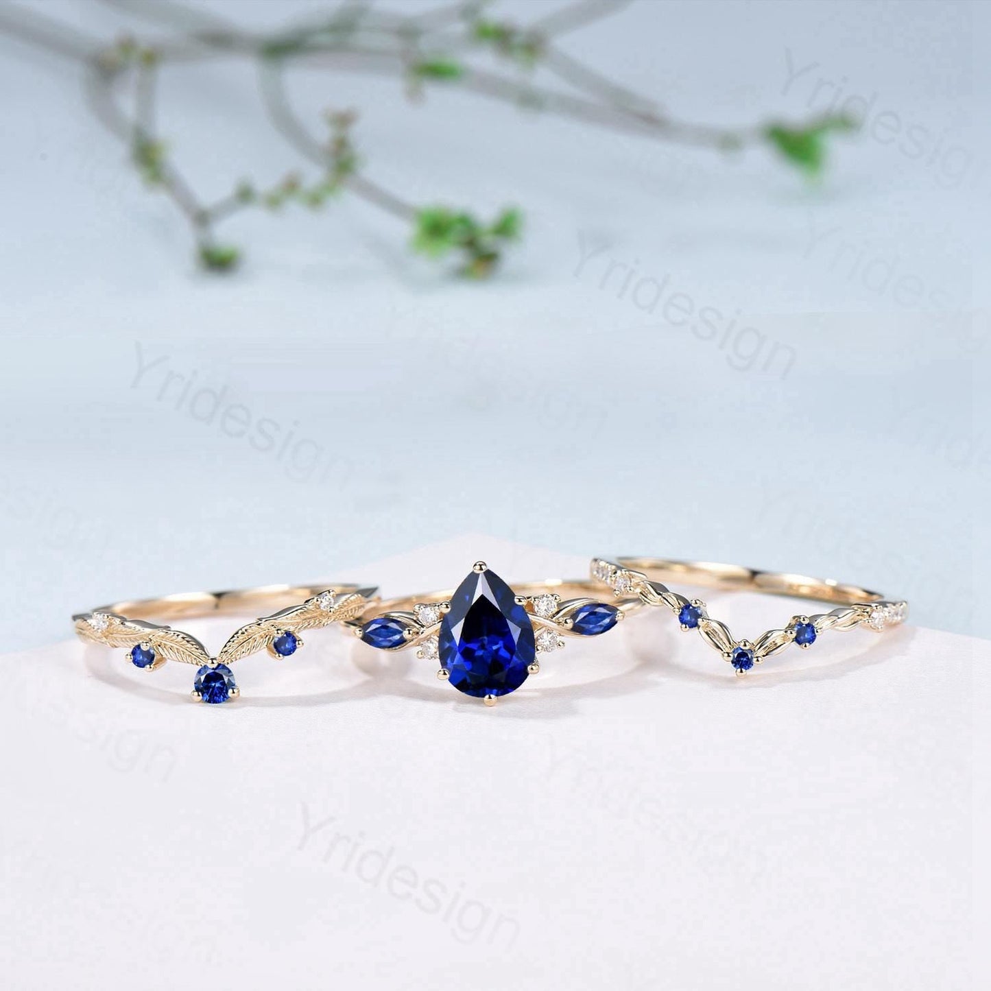 Vintage Sapphire engagement ring set yellow gold engagement ring Unique Bridal set leaf vine wedding Curved Anniversary Promise ring gift