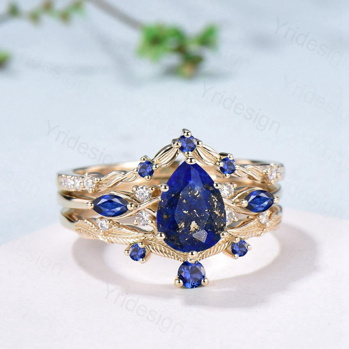 Vintage Lapis Lazuli engagement ring set blue gemstone engagement ring Unique sapphire bridal set leaf vine Curved Anniversary Promise gift