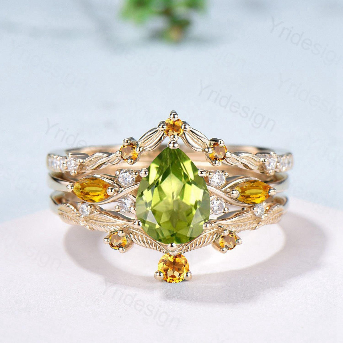 Vintage Peridot engagement ring set August birthstone wedding ring set Unique Citrine Bridal set Curved Anniversary Promise ring gifts women
