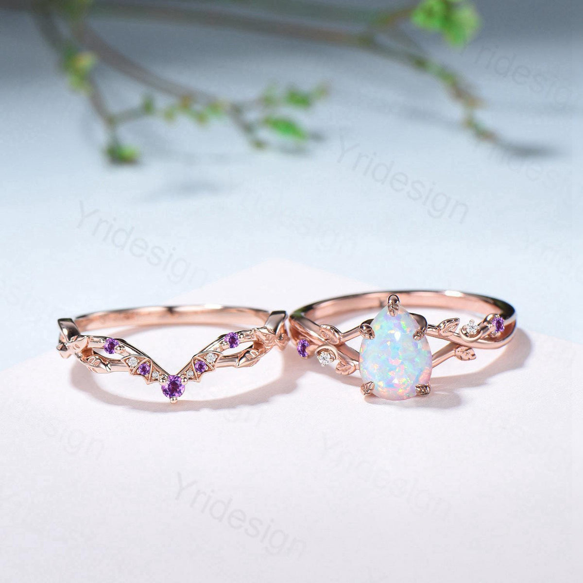 Teardrop White Opal Engagement Ring Set October Birthstone Amethyst Moon Bat Wedding Band Leaf Nature Inspired 2pcs Rose Gold Bridal Set