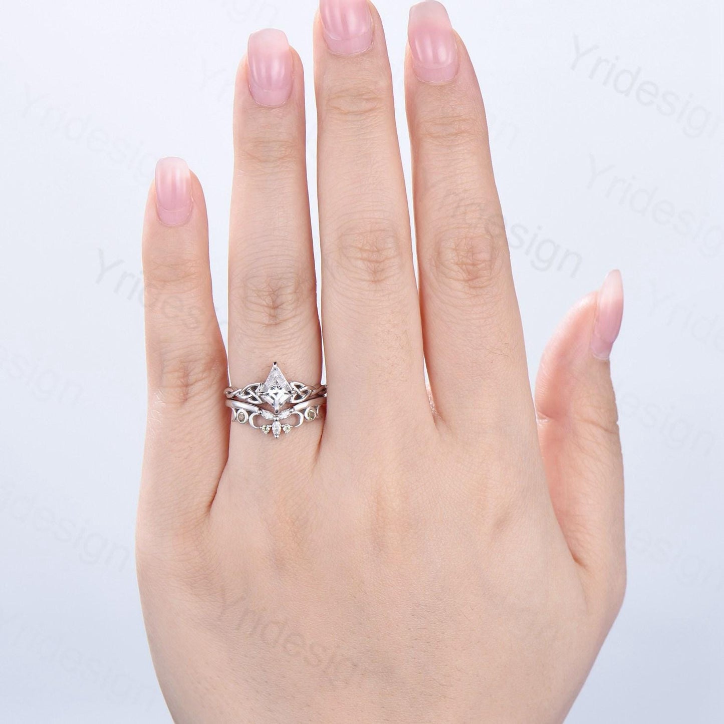 Norse Viking Kite Cut Natural White Sapphire Engagement Ring Set Unique Celtic Love Knot Peridot Butterfly Wedding Band Vintage Bridal Set