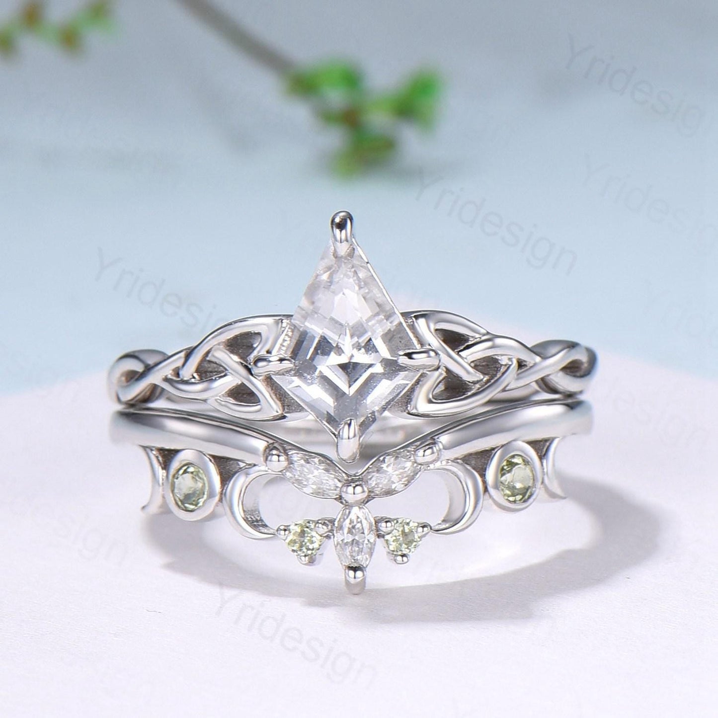 Norse Viking Kite Cut Natural White Sapphire Engagement Ring Set Unique Celtic Love Knot Peridot Butterfly Wedding Band Vintage Bridal Set