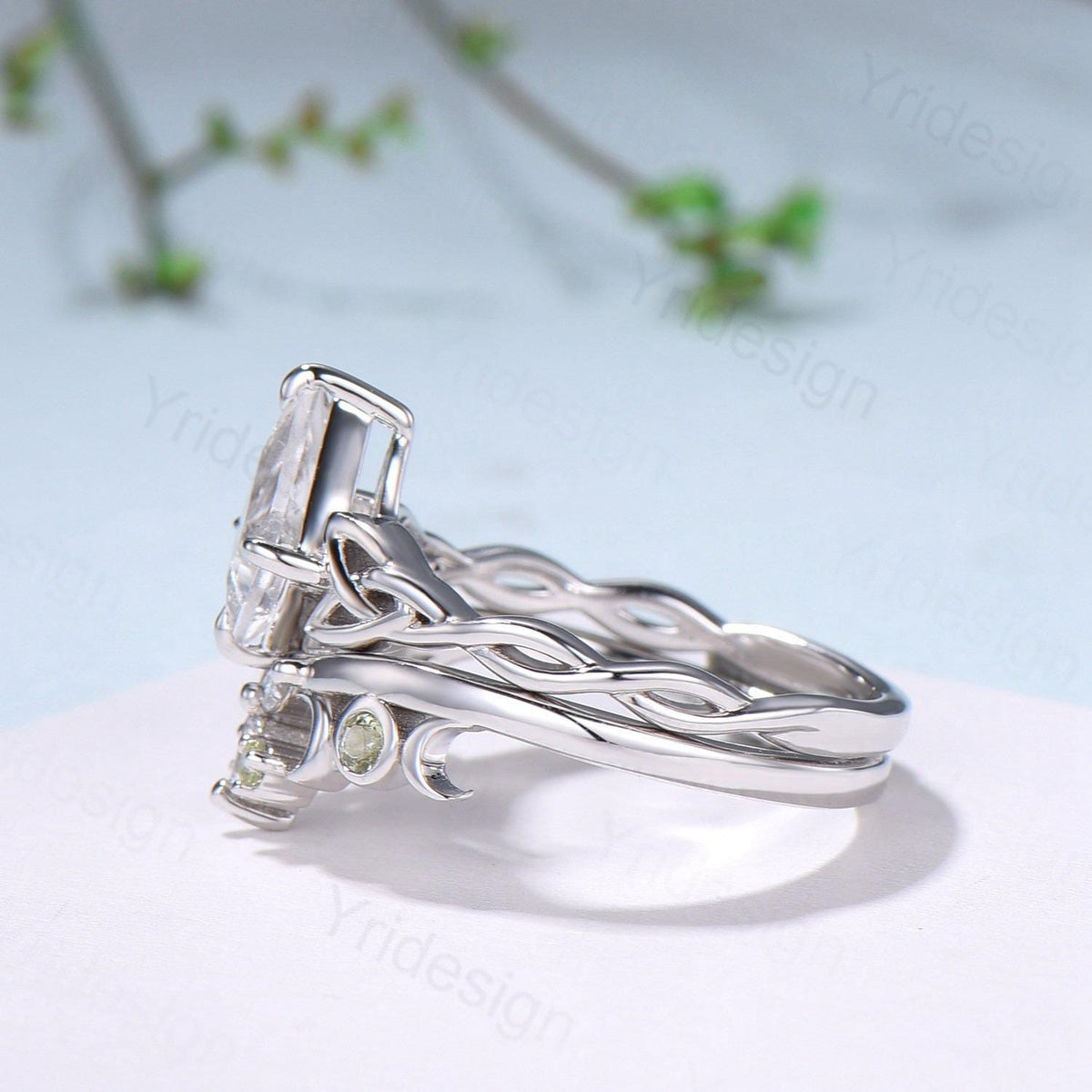 Norse Viking Kite Cut Natural White Sapphire Engagement Ring Set Unique Celtic Love Knot Peridot Butterfly Wedding Band Vintage Bridal Set