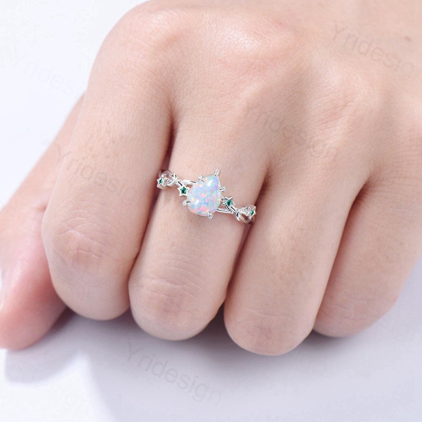 Vintage Pear Shaped White Opal Engagement Ring Moon Star Cluster Emerald Wedding Ring Silver Gold October Birthstone Leaves Vine Prong Ring