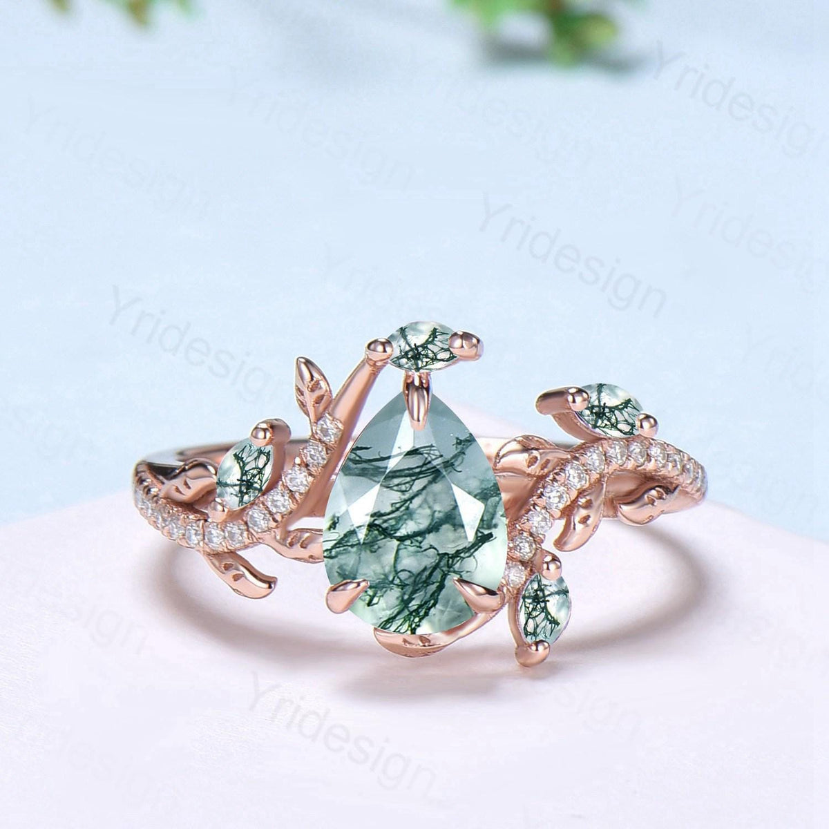 Vintage Pear Shaped Moss Agate Engagement Ring Set Nature Inspired Snake Eternity Wedding Set Agate Diamond Bridal Ring Set Twig Branch Ring