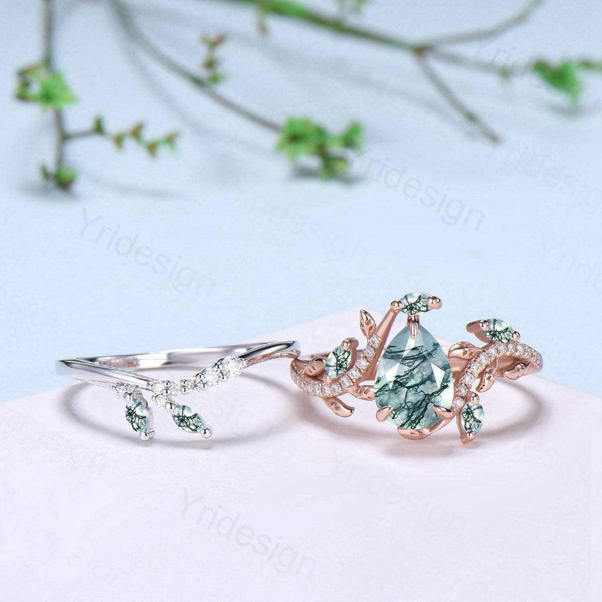 Vintage Pear Shaped Moss Agate Engagement Ring Set Nature Inspired Snake Eternity Wedding Set Agate Diamond Bridal Ring Set Twig Branch Ring