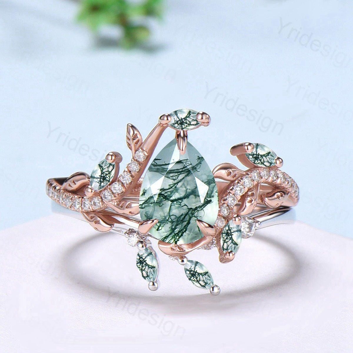 Vintage Pear Shaped Moss Agate Engagement Ring Set Nature Inspired Snake Eternity Wedding Set Agate Diamond Bridal Ring Set Twig Branch Ring