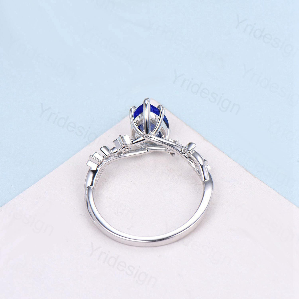 Vintage Pear Shaped Lapis Lazuli Engagement Ring Moon Star Cluster Sapphire Wedding Ring Silver White Gold Blue Gemstone Leaves Prong Ring