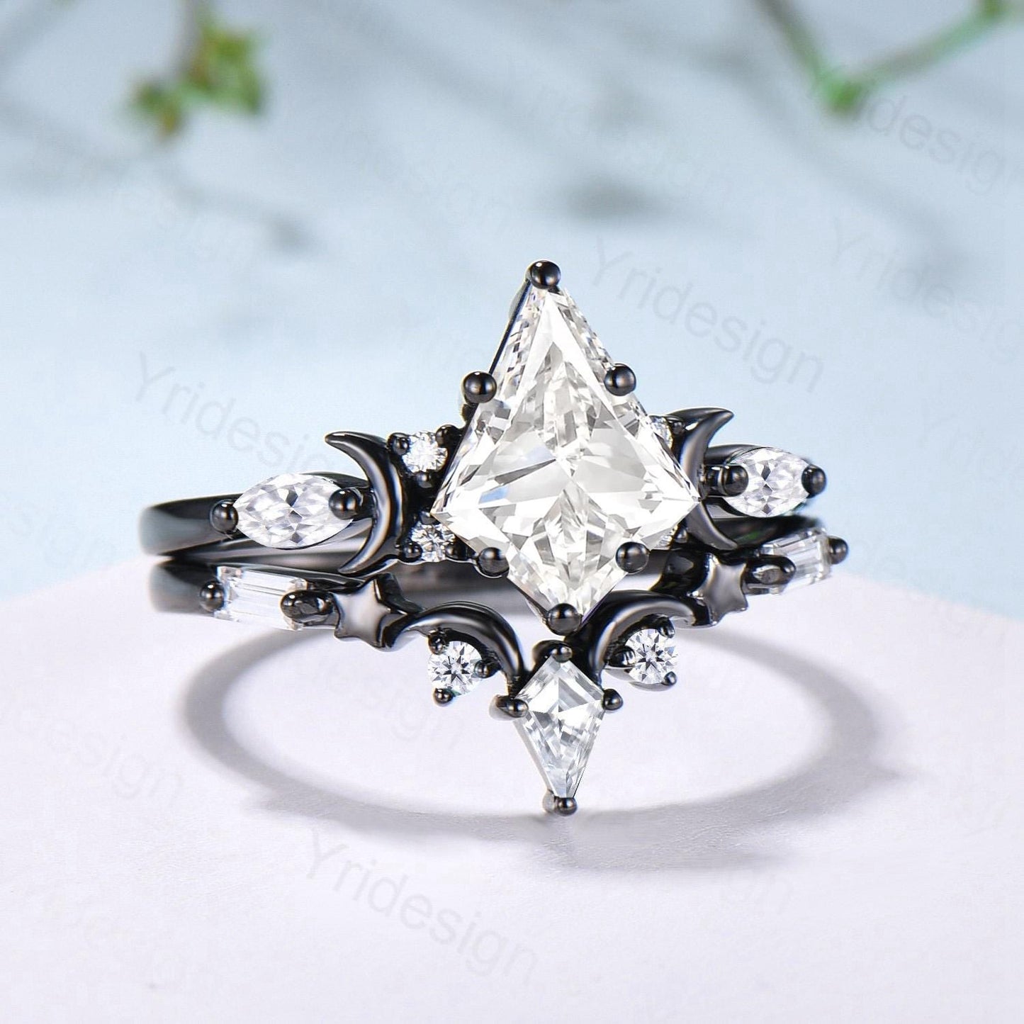 Gothic Kite Cut Lab Grown Diamond Engagement Ring Set Black Gold Celestial Moon Star Bridal Set