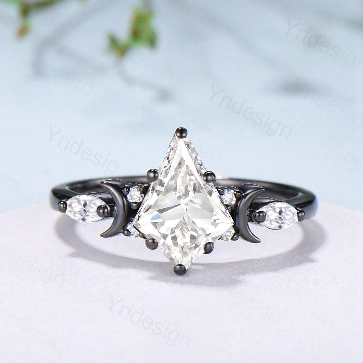 Gothic Kite Cut Lab Grown Diamond Engagement Ring Set Black Gold Celestial Moon Star Bridal Set