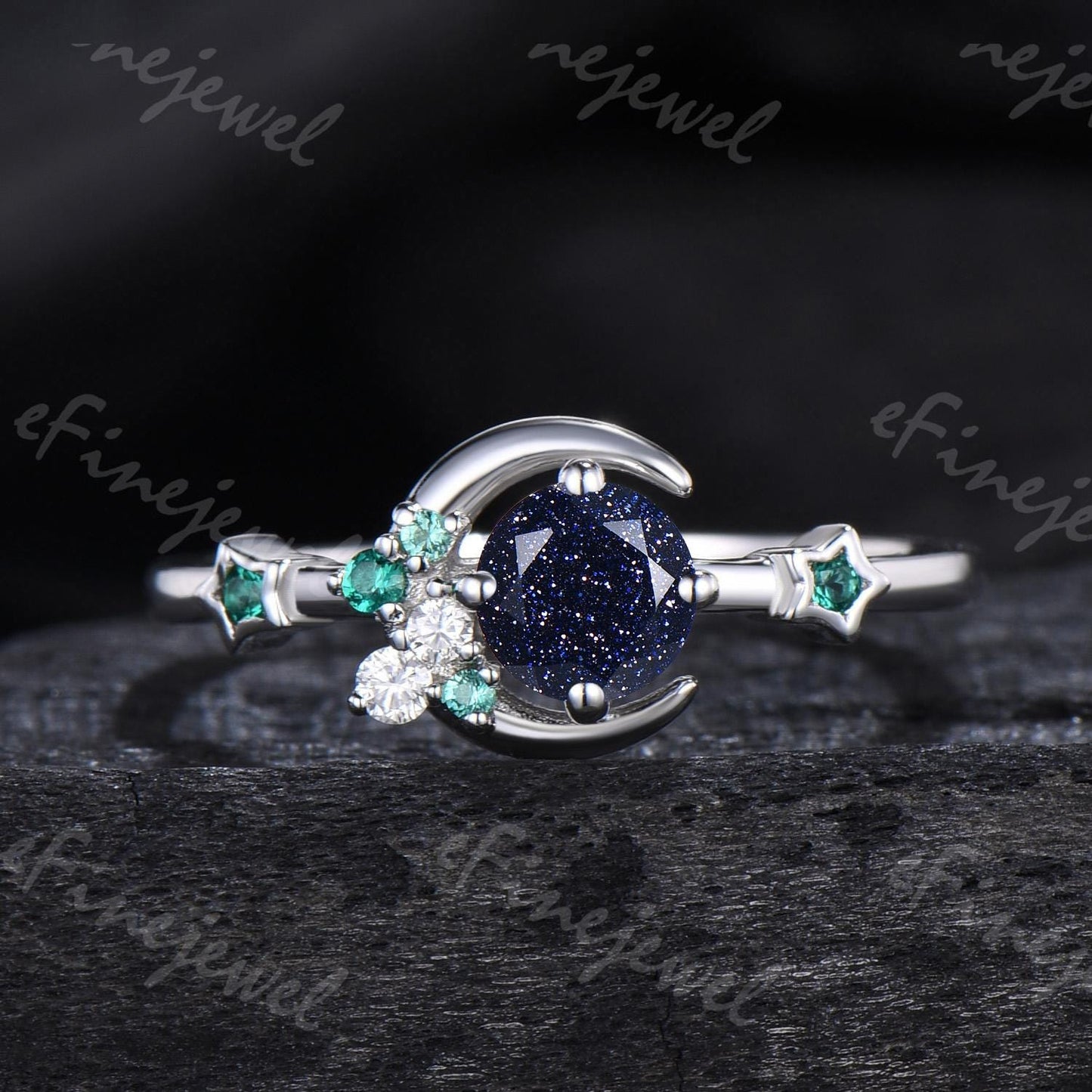 Blue Sandstone Engagement Ring: Moon, Star, Emerald Galaxy Ring