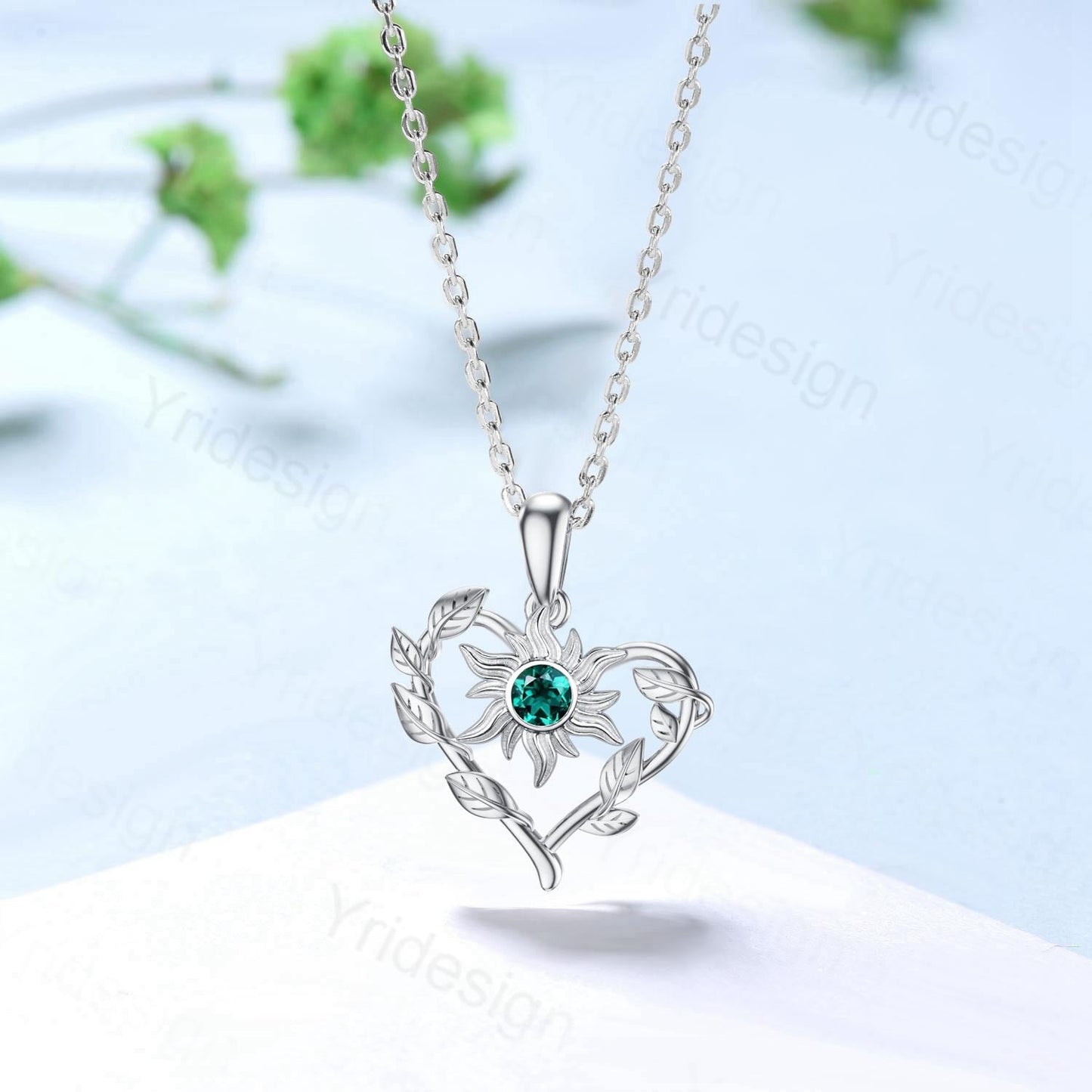 Unique Nature Inspired Emerald Necklace Elegant Sunflower May Birthstone Necklace Pendant Leaf Vine Anniversary Gift Art Deco Silver Pendant