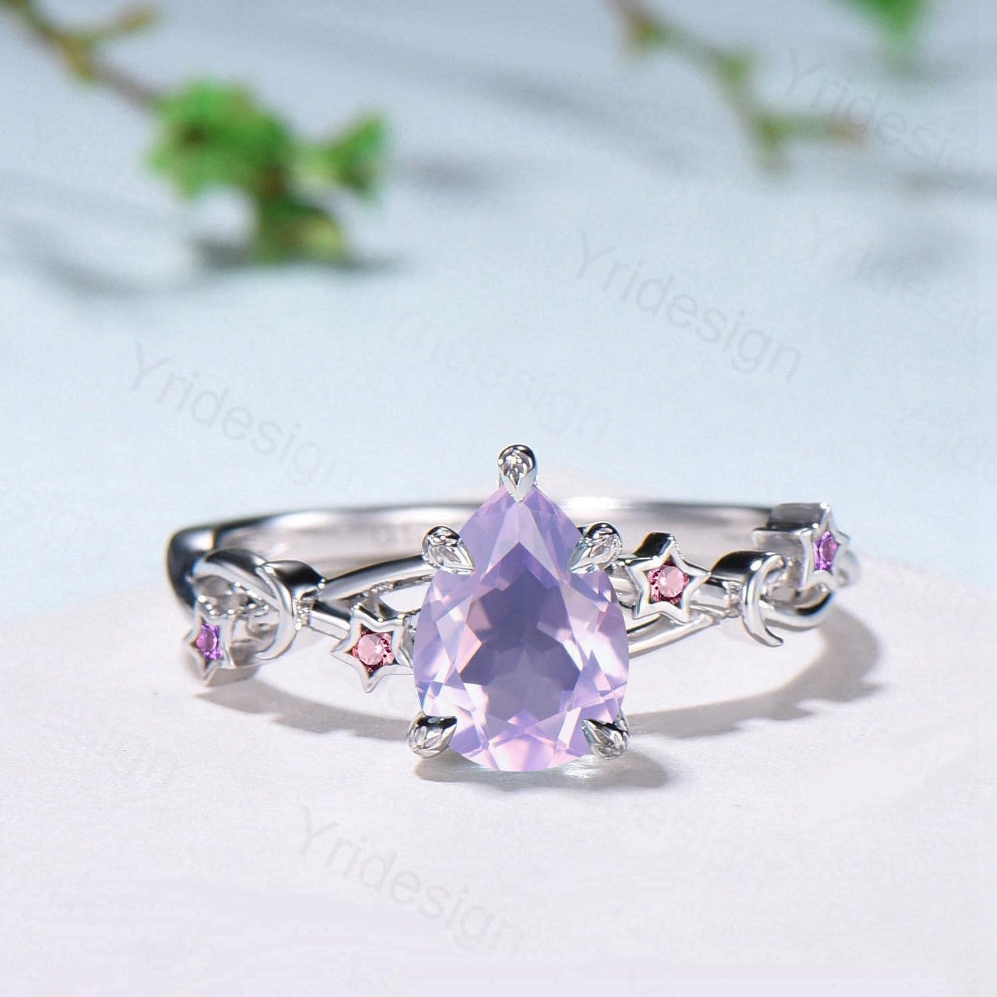 Unique Emerald Cut lavender amethyst Ring Moon Star Pink Tourmaline Purple Engagement Ring February Birthstone Handmade Proposal Gifts Women