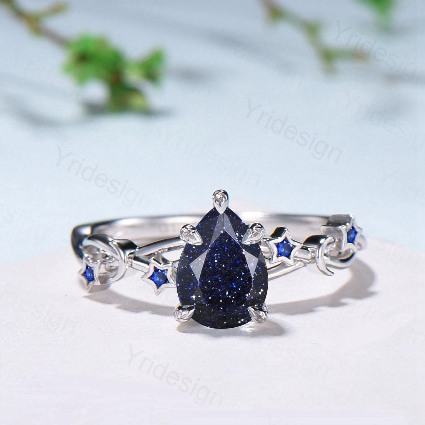 Elegant Pear Shaped Blue Sandstone Ring Vintage Moon Star Blue Goldstone Engagement Ring Leaf Vine Wedding Ring Blue Sapphire Promise Ring