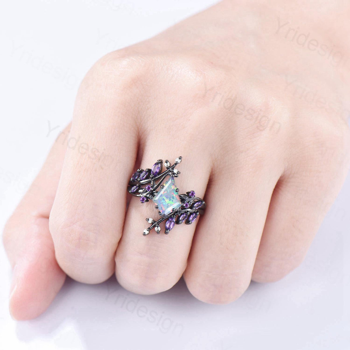 Unique Cage Leafy White Opal Wedding Ring Set Nature Inspired Kite Fire Opal Engagement Ring Black Gold Knight Bridal Set Anniversary Gift