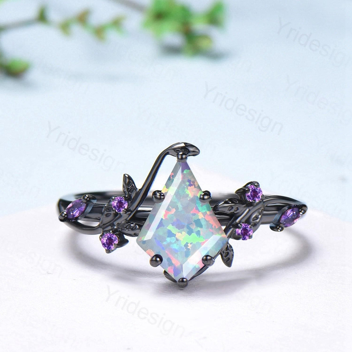 Unique Cage Leafy White Opal Wedding Ring Set Nature Inspired Kite Fire Opal Engagement Ring Black Gold Knight Bridal Set Anniversary Gift