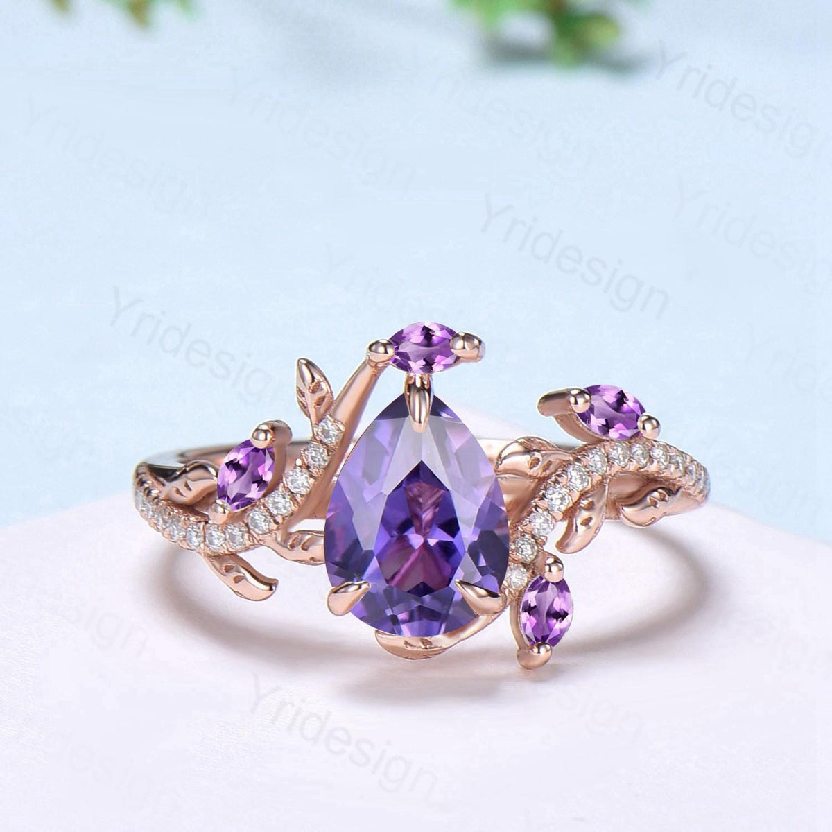Vintage Pear Shaped Purple Sapphire Engagement Ring Set Nature Inspired Snake Eternity Wedding Set Amethyst Bridal Ring Set Twig Branch Ring
