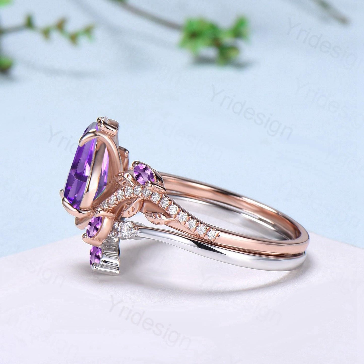 Vintage Pear Shaped Purple Sapphire Engagement Ring Set Nature Inspired Snake Eternity Wedding Set Amethyst Bridal Ring Set Twig Branch Ring