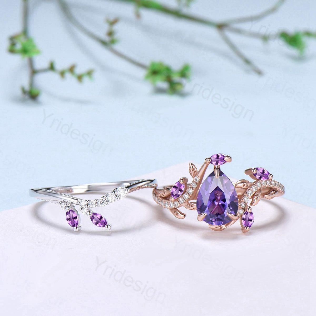 Vintage Pear Shaped Purple Sapphire Engagement Ring Set Nature Inspired Snake Eternity Wedding Set Amethyst Bridal Ring Set Twig Branch Ring