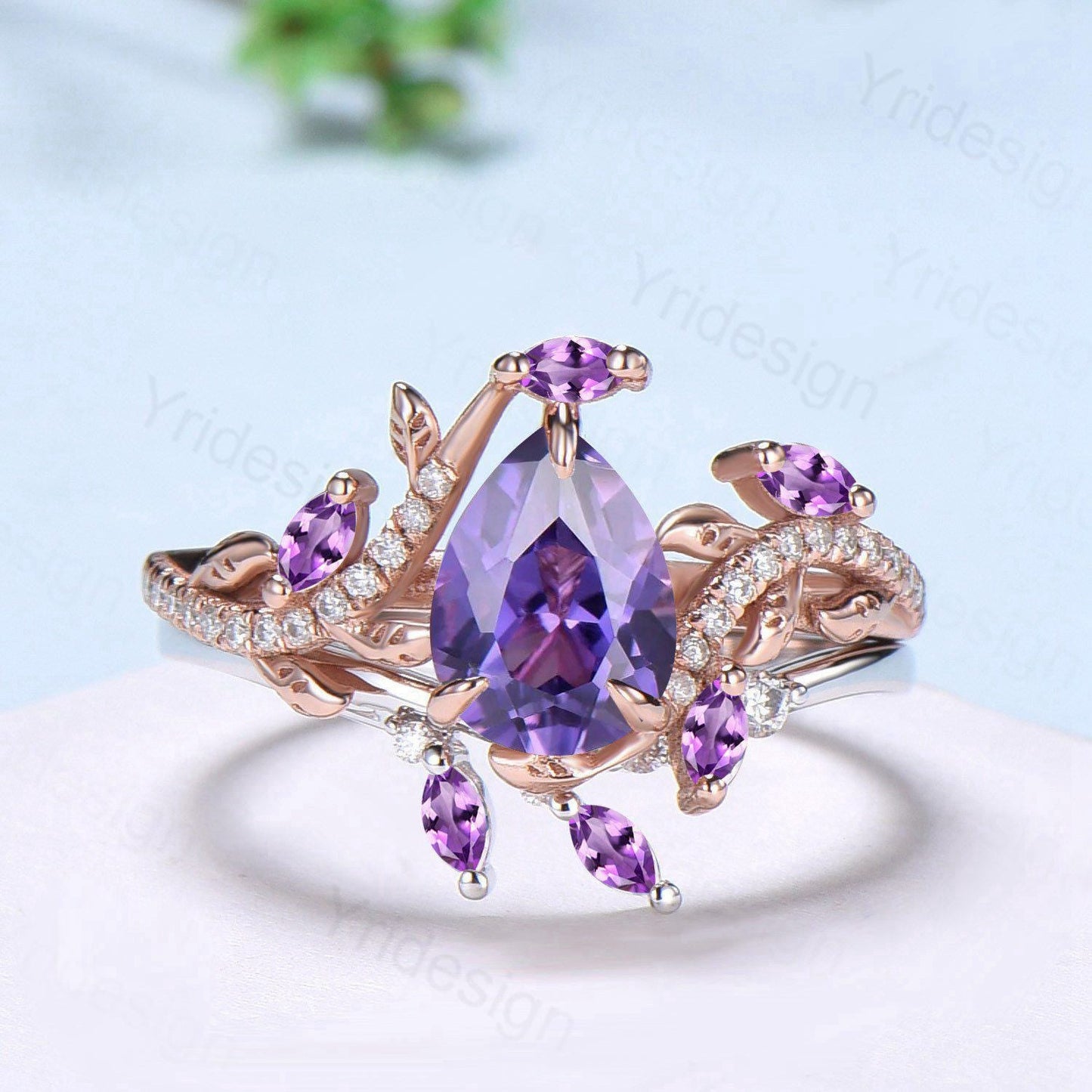 Vintage Pear Shaped Purple Sapphire Engagement Ring Set Nature Inspired Snake Eternity Wedding Set Amethyst Bridal Ring Set Twig Branch Ring